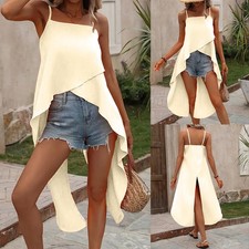Womens Plain Strappy Irregular Hem Tank Tops Summer Ruffles Cami Vest T Shirt