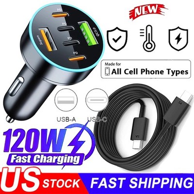120W Fast Car Charger 4 Port Adapter & Cable For Samsung iPhone Android Phone US