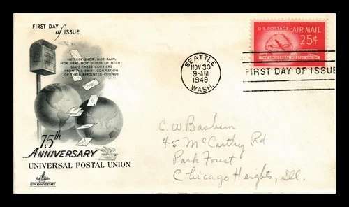 UNIVERSAL POSTAL UNION 25C AIR MAIL FDC SCOTT C44 ARTCRAFT US COVER