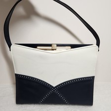 Vtg MOD 1960s A Naturalizer Frame Handbag Purse Navy Blue  White Top Handle