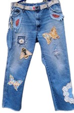 Upcycled  OOAK    Boyfriend Jeans Patchwork Applique Boho Slow Stitch Sz 37