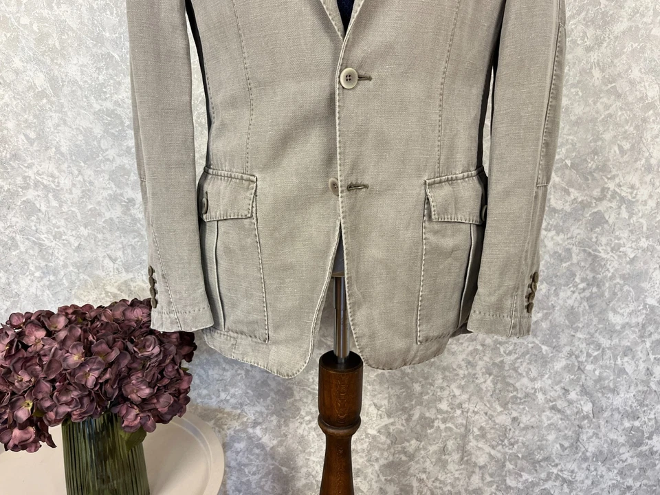 Blazer de verano Corneliani ID beige algodón cáñamo verdadero espiga multibolsillo 42 Foto 3 de 4