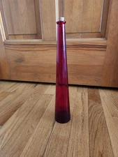 Vintage 12”  Ruby Red Glass Bottle With Cork