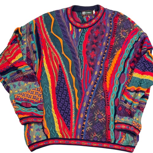 Tundra Sweater Mens XLarge Blue Red Multi 3D Texture Knit Coogi Vibrant 80s VTG - Image 1