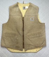 Vintage Carhartt Vest Mens Medium Beige Canvas Sherpa Lined Workwear Distressed