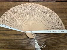 Antique/Vintage Cream Celluloid Pierced Design Woodend Ribbon Folding Hand Fan