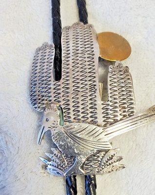 Vintage Sterling Silver Bolo tie, Roadrunner & Cacti, Two-tone, Signed