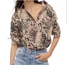 J. Crew Button Front Shirt Cheetah Women's Size Medium Cotton Linen Long Sleeve