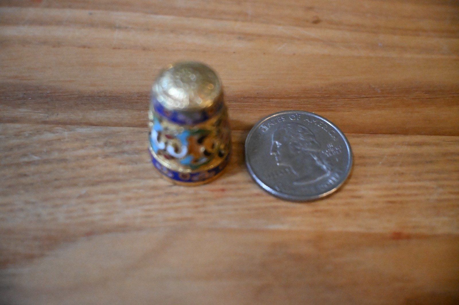 Vintage cloisonné enamel thimble brass flower motif