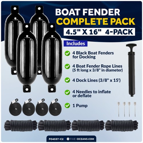 Juego Completo Guardabarros Barco, Negro 4.5" x 16", Incluye Líneas de Muelle de 3/8" x 15' - Imagen 2 de 8
