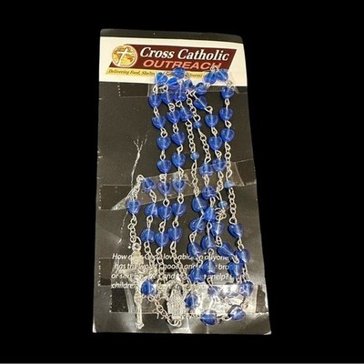 Blue Heart Beaded Rosary With Silver Chain & Prayer Instructions