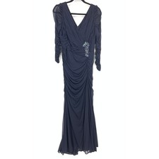 Adrianna Papell Draped Ruched 3/4 Sleeve Maxi Gown Womens Sz 12 Navy Beaded*