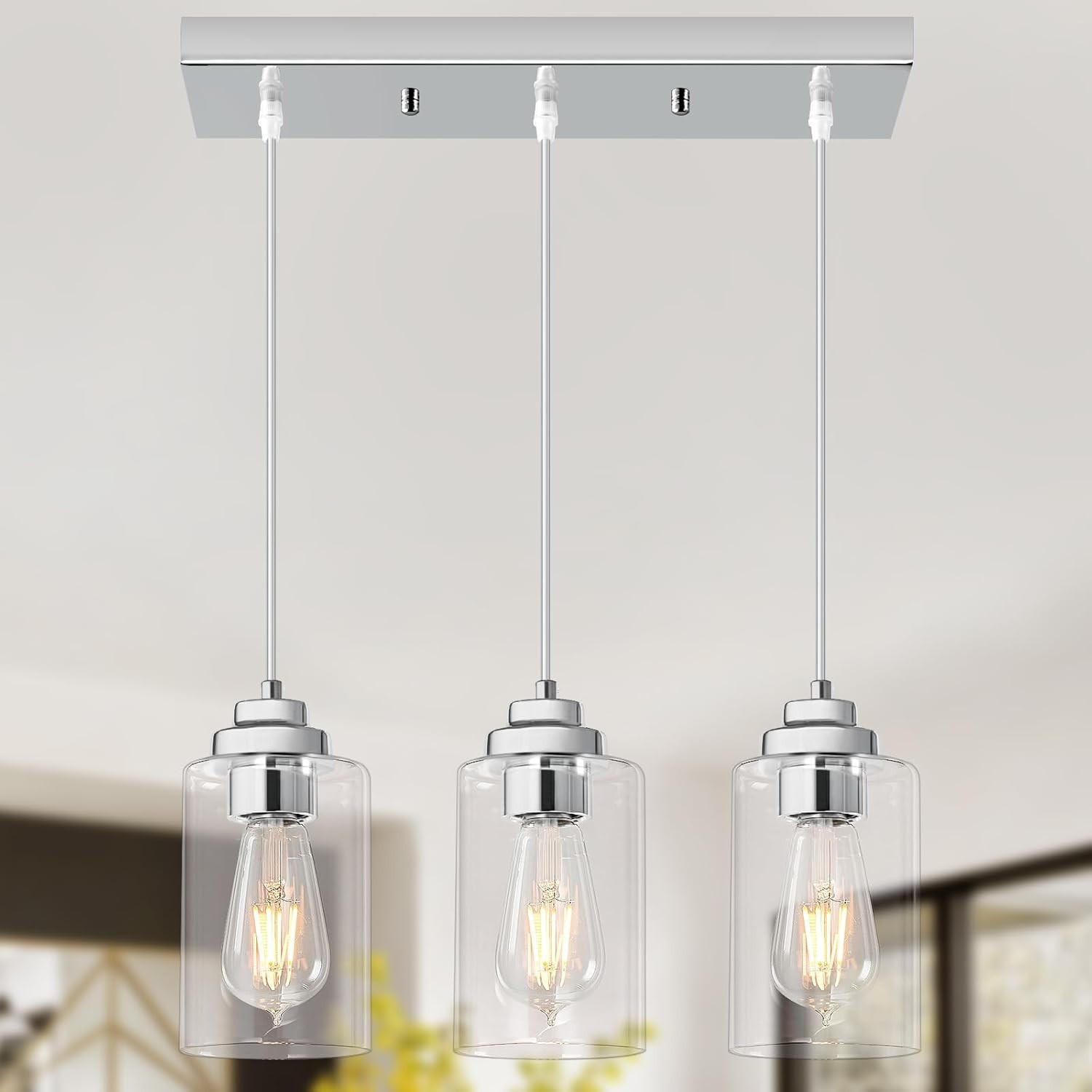 Modern 3-Light Pendant Light Chrome Seeded Glass Farmhouse Kitchen Island