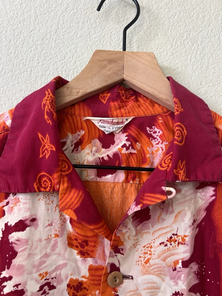 Гавайская рубашка Kamehameha мужская размер средний винтажный 50-е цветочный узор дерево на пуговицах - Изображение 3 из 4
