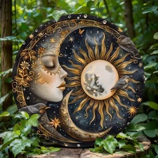 Aluminum Sun Moon Themed Round Tin Metal Signs Home Décor Wall Art 8x8 