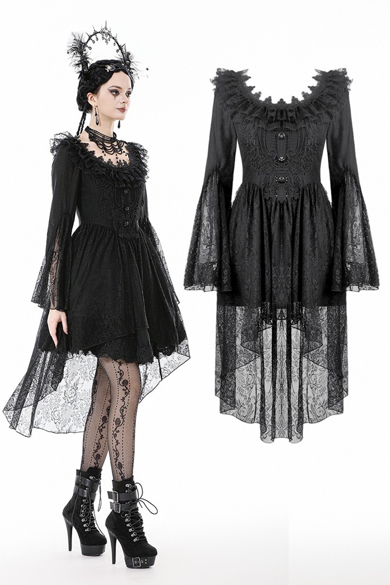 GIRL bell sleeve slit dress L ブラック Dark In Love Women Black Gothic Punk Ruffle Lace Bell Sleeve High