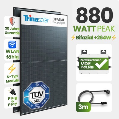 Balkonkraftwerk 880Wp 2xTrina bifazial 440Wp FoxEss M1-800-E 800W Wechselrichter