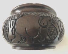 African Hand Carved Wood Bowl - Rhino Rhinoceros Elephant Giraffe Jungle Motif
