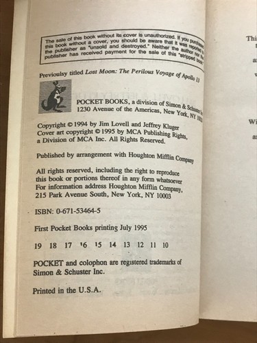 1995 Pocket Book Apollo 13 by Jim Lovell & Jeffrey Kluger Paperback Book - Picture 4 of 4