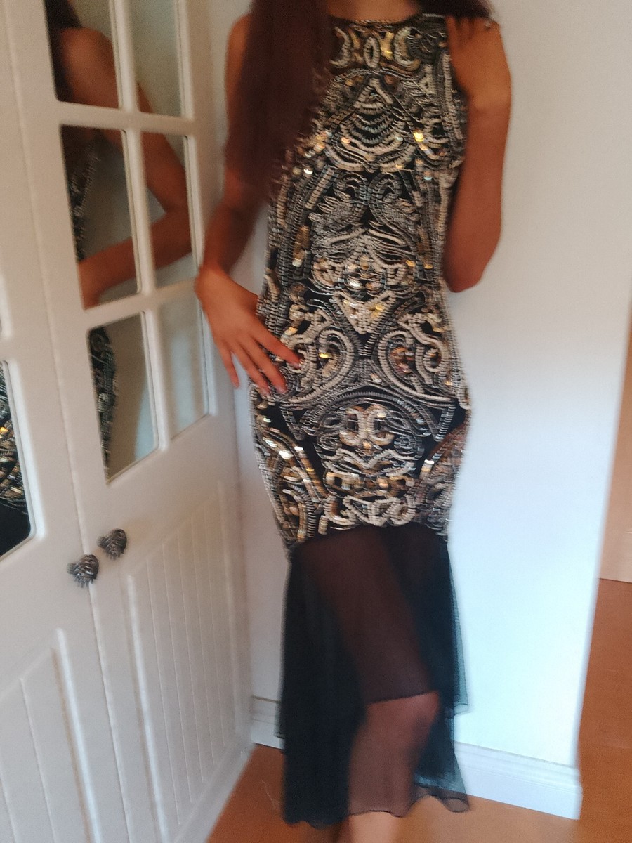 miss selfridge beaded dress Vintage 90s Heavily Beaded and Sequinned Black Slip Dress Miss Selfridge Size 8