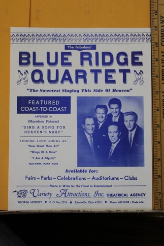 1969 Blue Ridge Quartet Flyer Variety Attractions George Moffett Zanesville Ohio