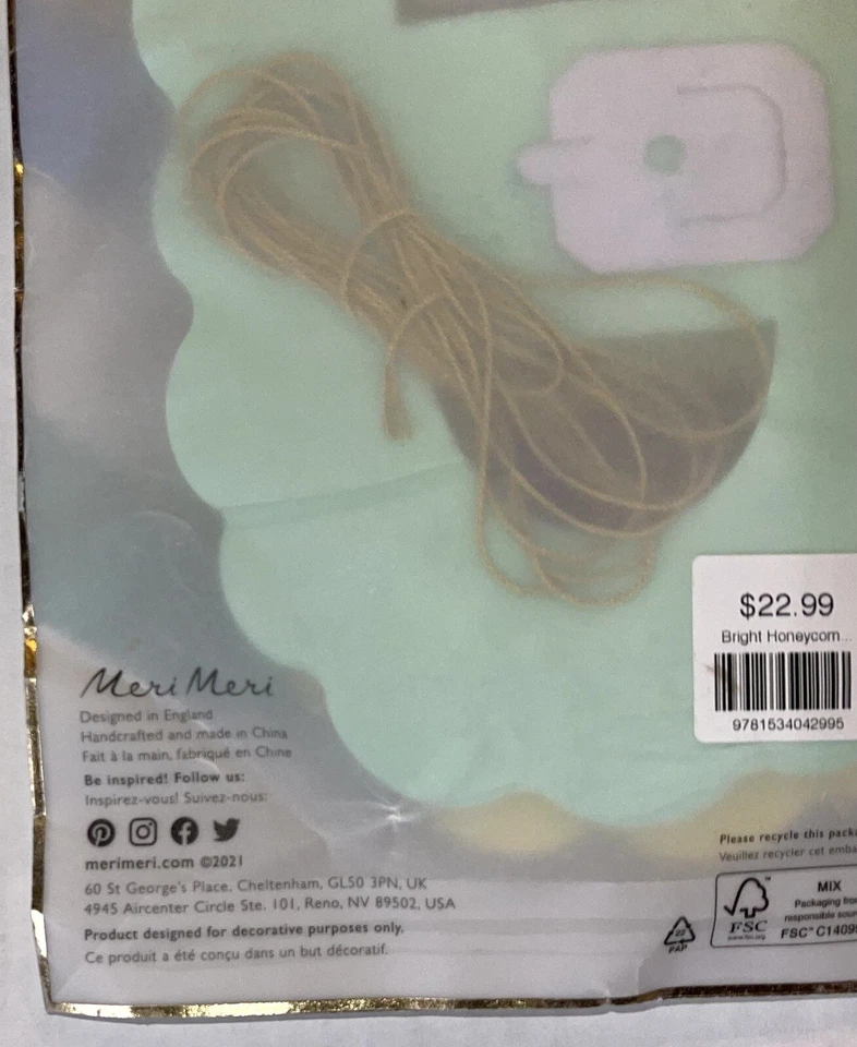 Meri Meri Bright Honeycomb Party Garland Tissue Paper W/ Extra Cord For Hanging - Image 4 of 4