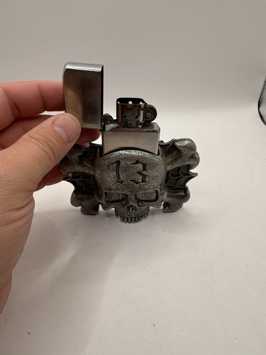 Lucky 13 Apparel Belt Buckle & Lighter Holder Skull &Crossbones Web 2002 Rare - Picture 6 of 7