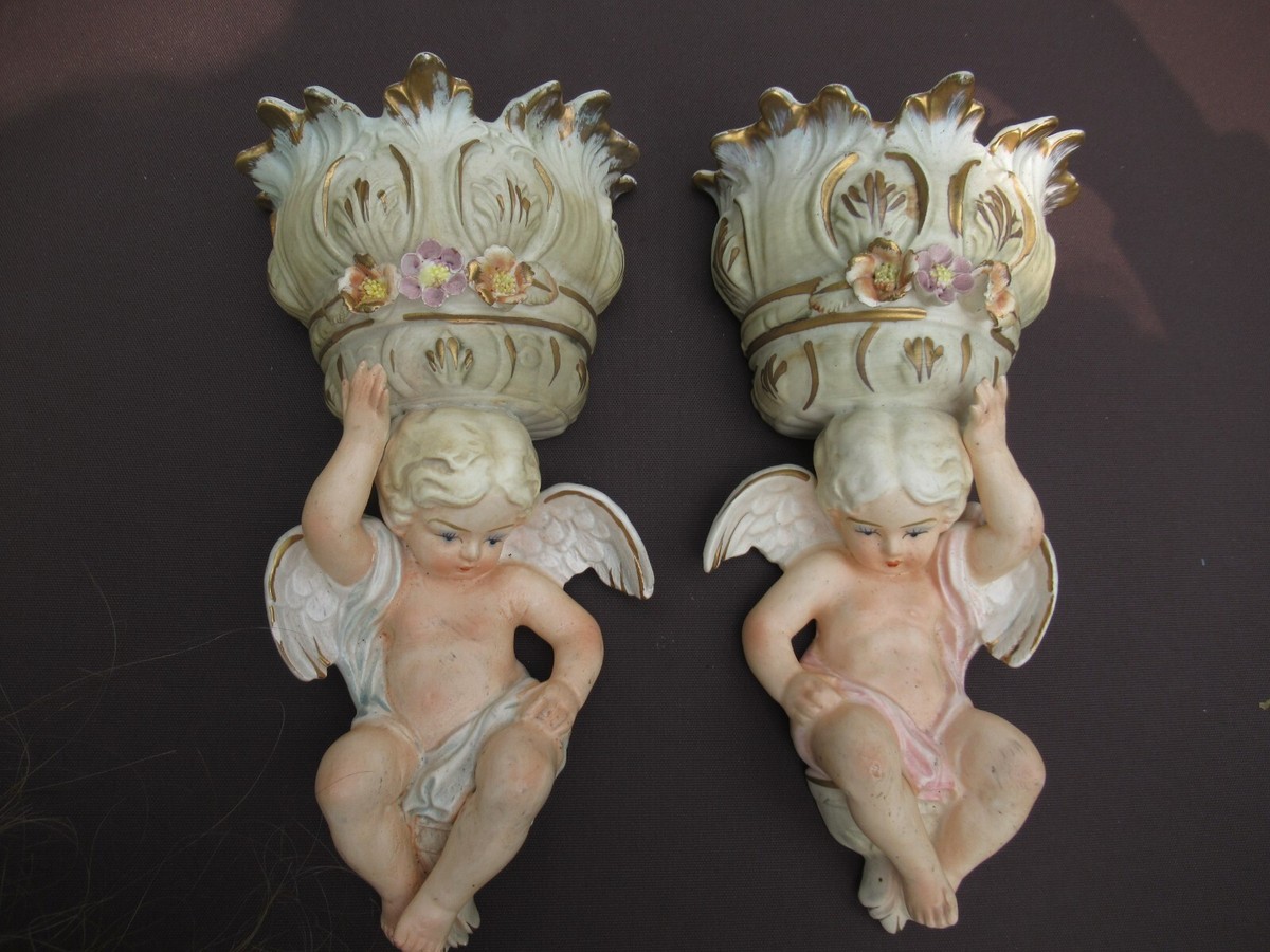 Vintage Pair Lenwile Ardalt Porcelain Cherub Angel Wall Pocket