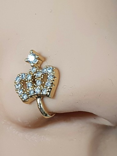 Crown Clip On Nose Stud Cuff Crown CZ Crystal Stones Non Piercing Gold Plated - Picture 2 of 24