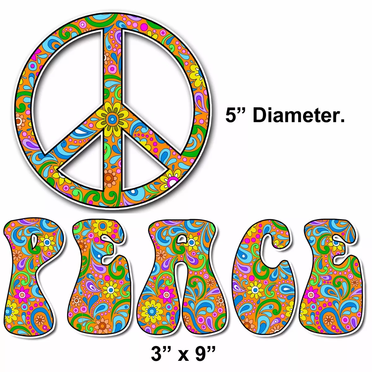 Hippie Peace Sign Symbol Bumper Sticker Decal Paisley Tie Dye Colorful  Flowers | eBay