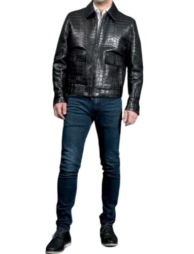 Mens Real Leather Crocodile Embossed Jacket Biker Black Alligator Print Jacket | - Picture 4 of 6