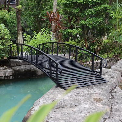 8FT Metal Garden Bridge Outdoor Arc Walkway with 2 Safety Rails Durable Decorate