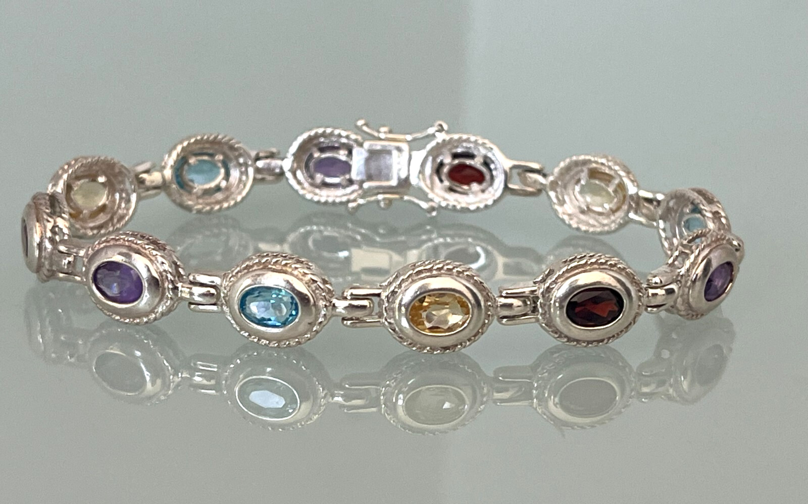 Sterling Silver Oval Multi-Gemstone Bracelet, 7" - image 1