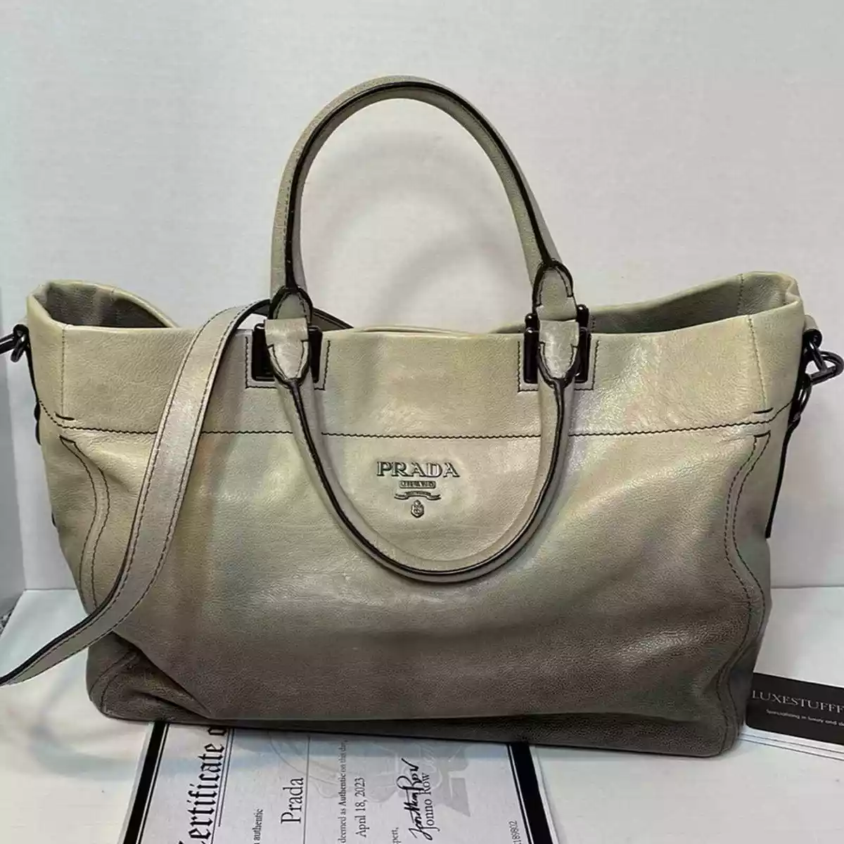 Authentic PRADA ombre leather tote bag with crossbody strap and COA