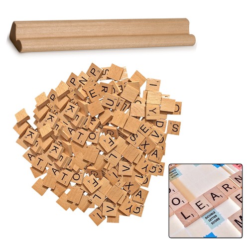 Azulejos de madera individuales alfabetos con estante de madera cuestionario juego de palabras letras negras - Imagen 12 de 12