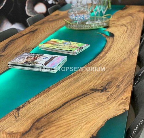 Green Resin Epoxy Handmade Dining Custom Table Acacia Wooden Handmade Furniture - Picture 2 of 8