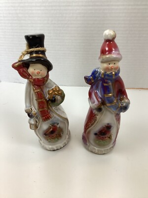 Glazed Ceramic Mr. & Mrs. Snowman Figurines With A Cardinal Bird Shiny 8.5 