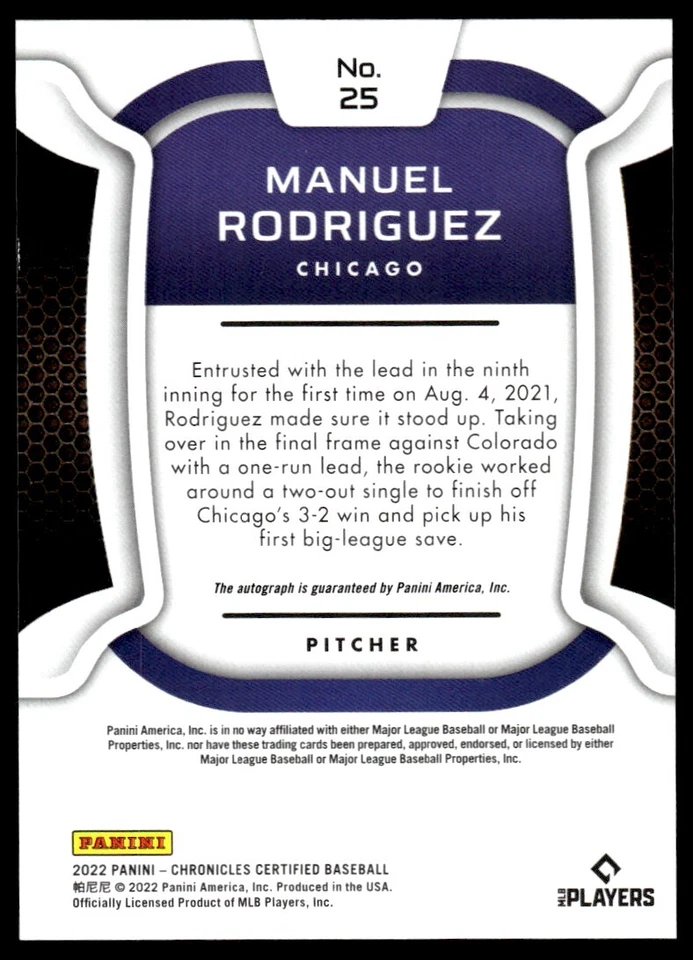 2022 PANINI CERTIFIED BASEBALL AUTO ROOKIE MANUEL RODRIGUEZ - Image 2 of 2