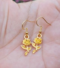 Gold Rose flower charm dangle earrings, stainless steel earring hooks, US seller