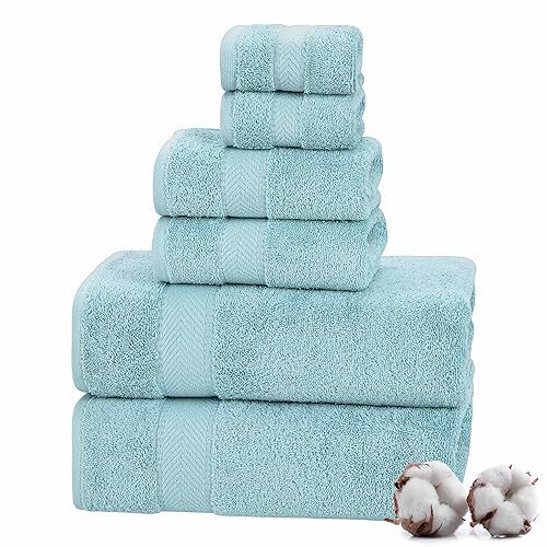 100% Turkish Cotton 6 Pcs Luxury Bath Towel Set, Soft & 6 Pcs Towel Set Aqua - Picture 3 of 7