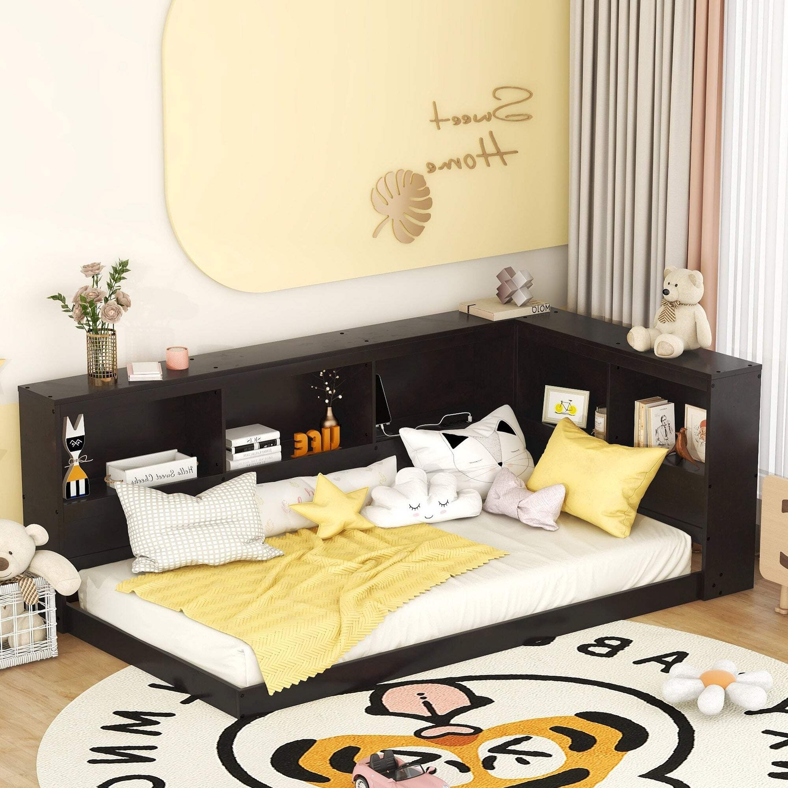 Twin Wood Bed Frame with Storage Cabinets & USB Ports in Espresso-image