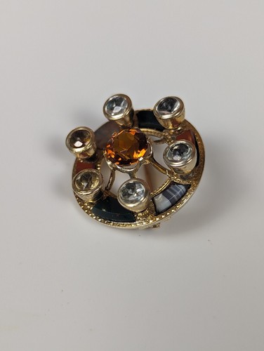 Antique Victorian Scottish Brooch 14k Gold - Topaz, Citrine, Quartz, Jade - Picture 3 of 7