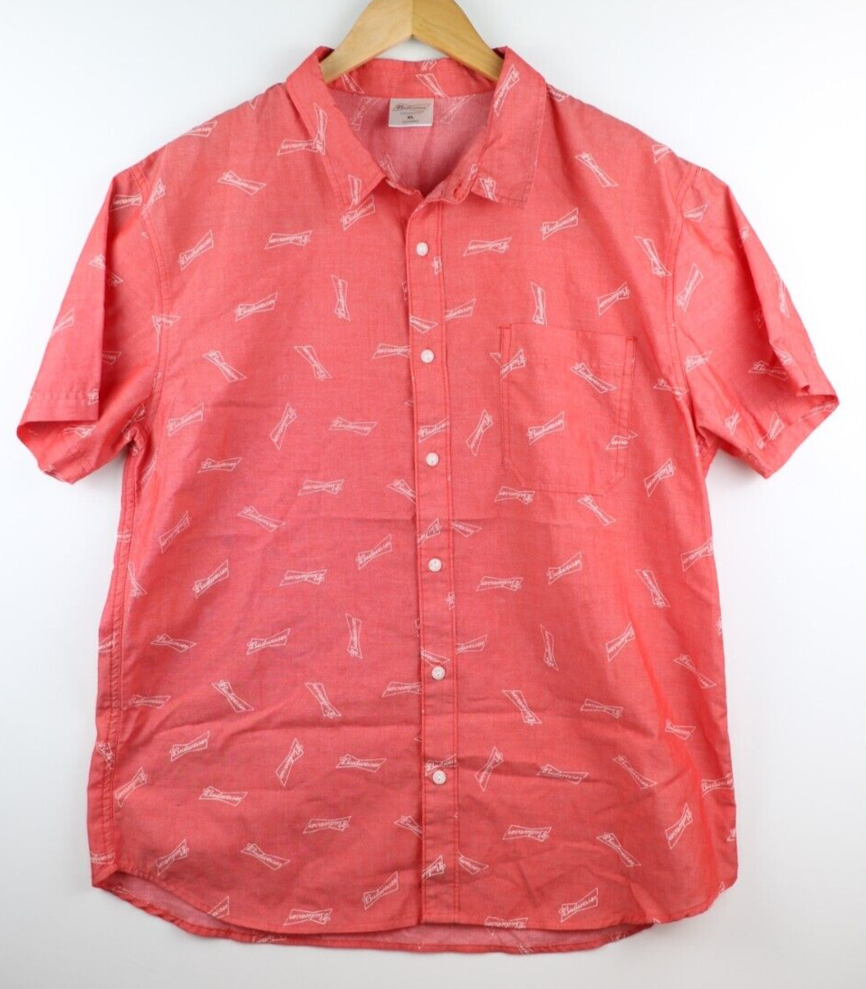 budweiser dress shirt Budweiser Hawaiian Button Down Shirt Mens XL Light Red Short Sleeve