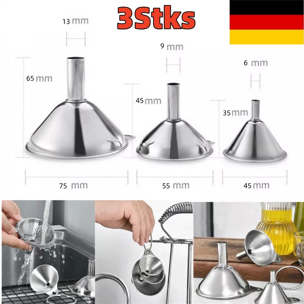 3 X Edelstahl Trichter Set Kleine Medium Große Küche Flüssiges Öl Wein S+M+L