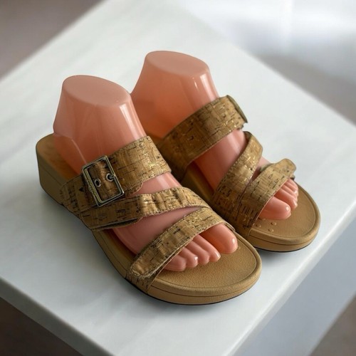 Vionic Shoes Womens Size 8 Skylar Tan Cork Look Adjustable Strap Slip On Sandals