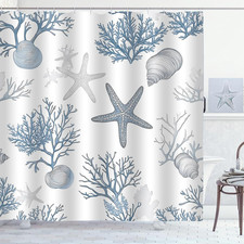 Nautical Coastal Shower Curtain, Blue Ocean Beach Coral Seashell Starfish