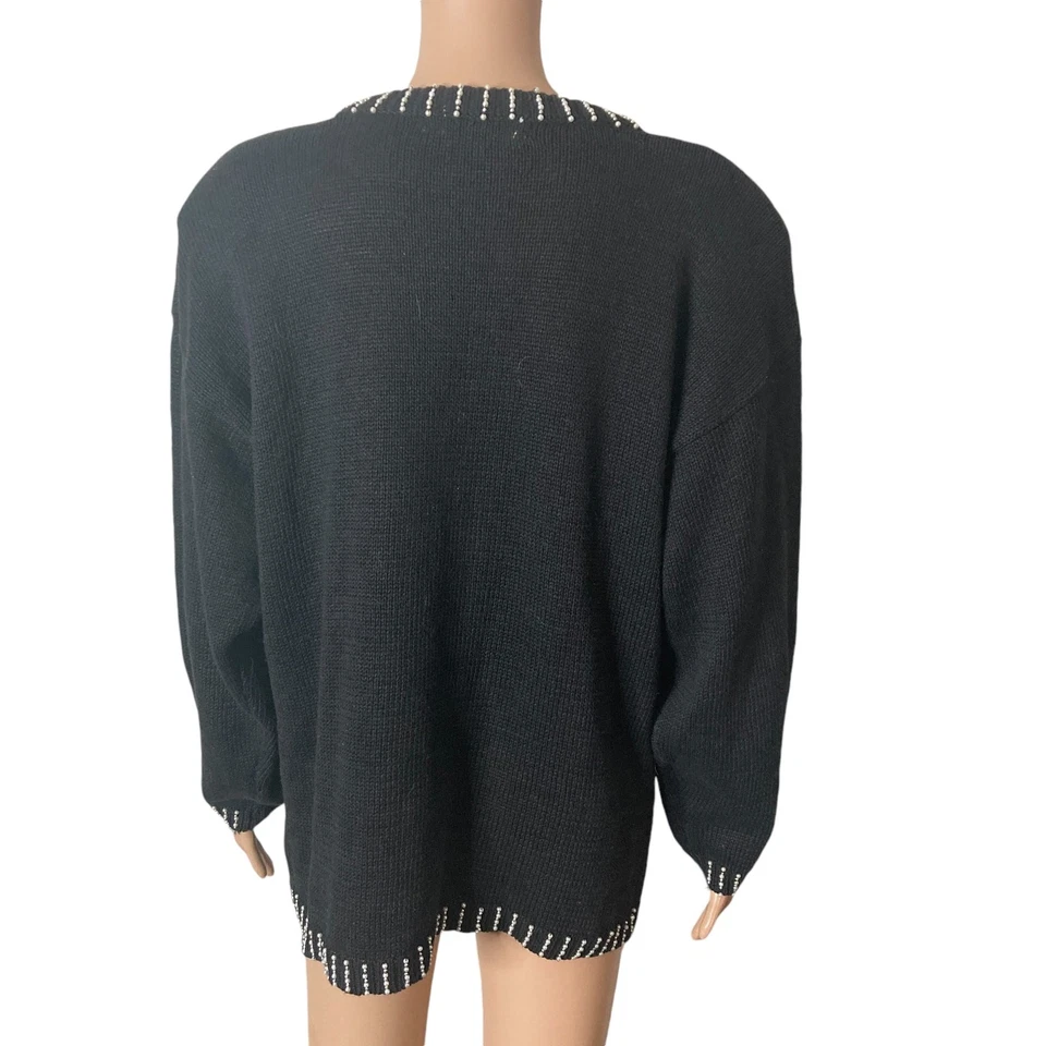 Vintage Victoria Harbour Sweater Womens Large Beaded Rhinestone Black White - Image 2 of 4
