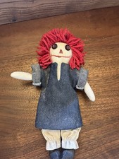 Rag & Cloth Doll Red Yarn Hair Brown Button Eyes Blue Dress Light Complexion
