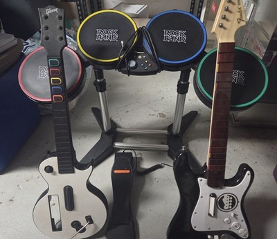 Xbox 360 RockBand Bundle With Drums, Pedal, 2 Guitars Fender Stratocaster
