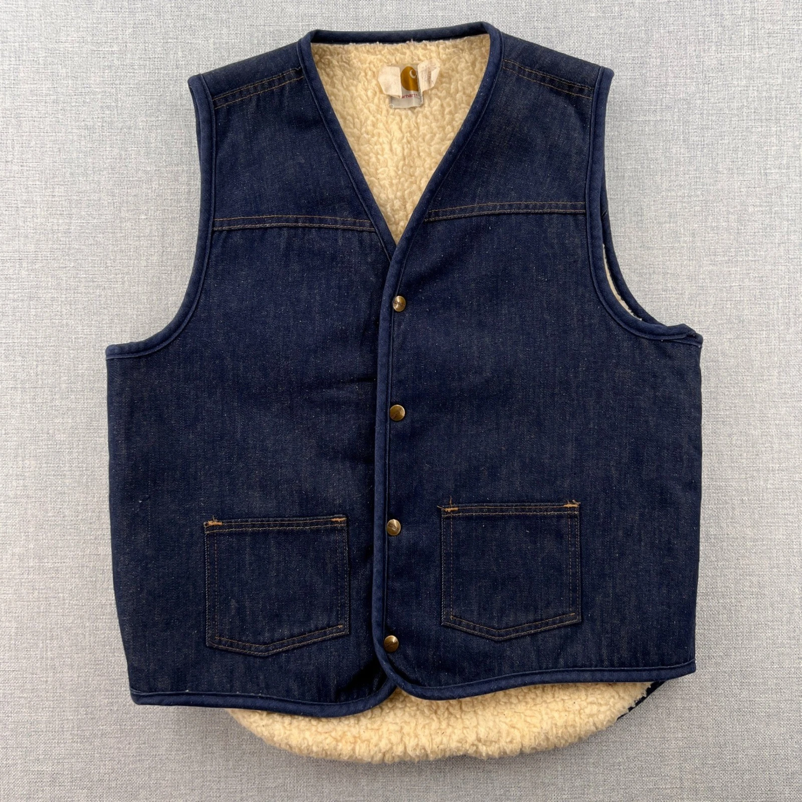 VTG 80s Carhartt 8SVL Denim Sherpa Lined Vest Mens Large Tall LT Blue USA Made